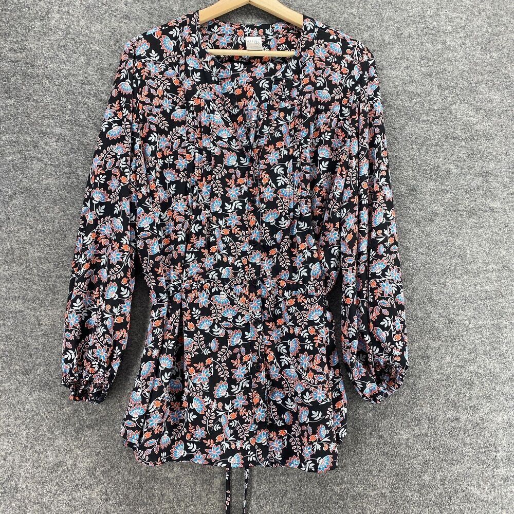 Terra & Sky Top Women 0X Plus Black Floral Button Up V-Neck Long Sleeve Casual